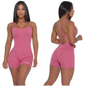 Bombshell Sportswear Sculpted Bodysuit Shorts blush pink size L large romper